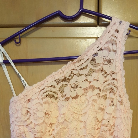 David's Bridal One-Shoulder Lace Bridesmaid Dress in Petal Pink Size 2 - Picture 2 of 6